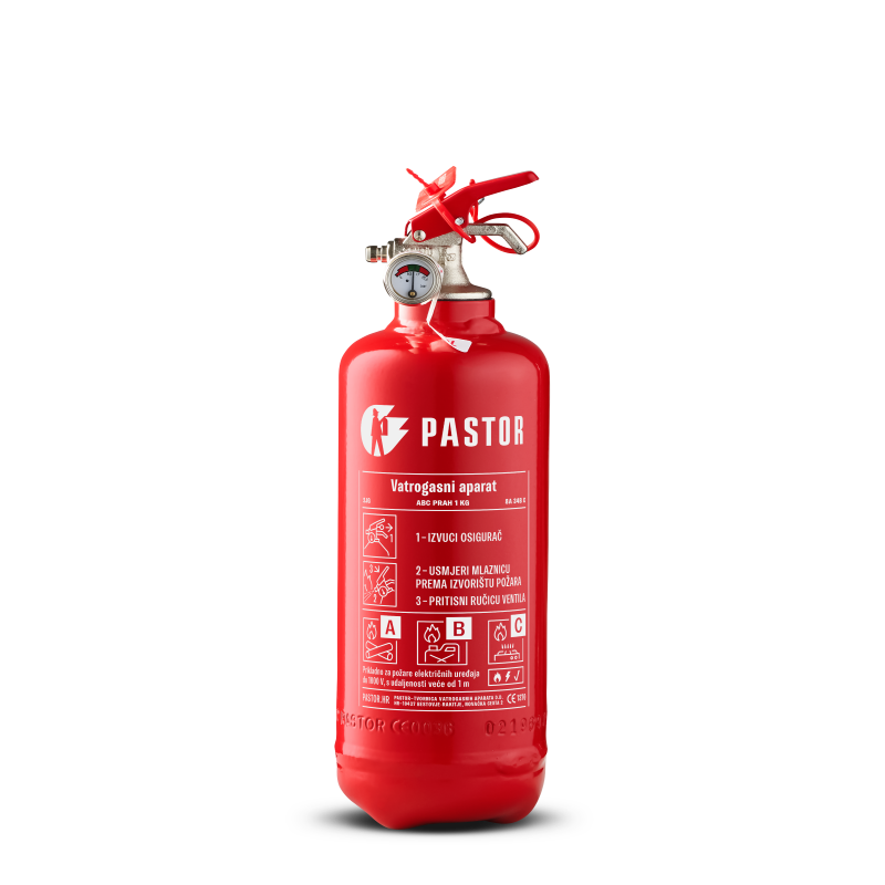 Gasilni aparat P1A Pastor – 1 kg ABC prah za osebna vozila, avtodome, čolne in manjše prostore